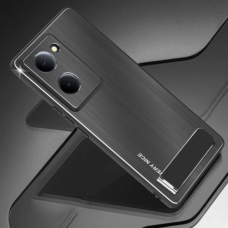 Uniqkart for vivo Y78 5G Kickstand Cell Phone Case TPU+Aluminium Alloy Brushed Cover Drop Protection Shell - Black