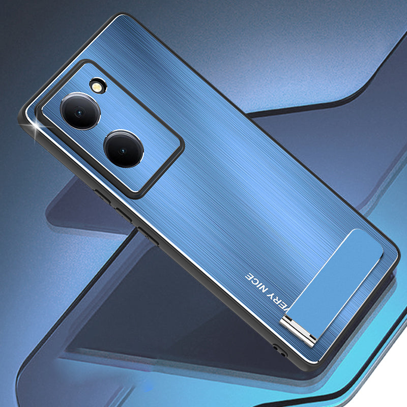 Uniqkart for vivo Y78 5G Kickstand Cell Phone Case TPU+Aluminium Alloy Brushed Cover Drop Protection Shell - Blue