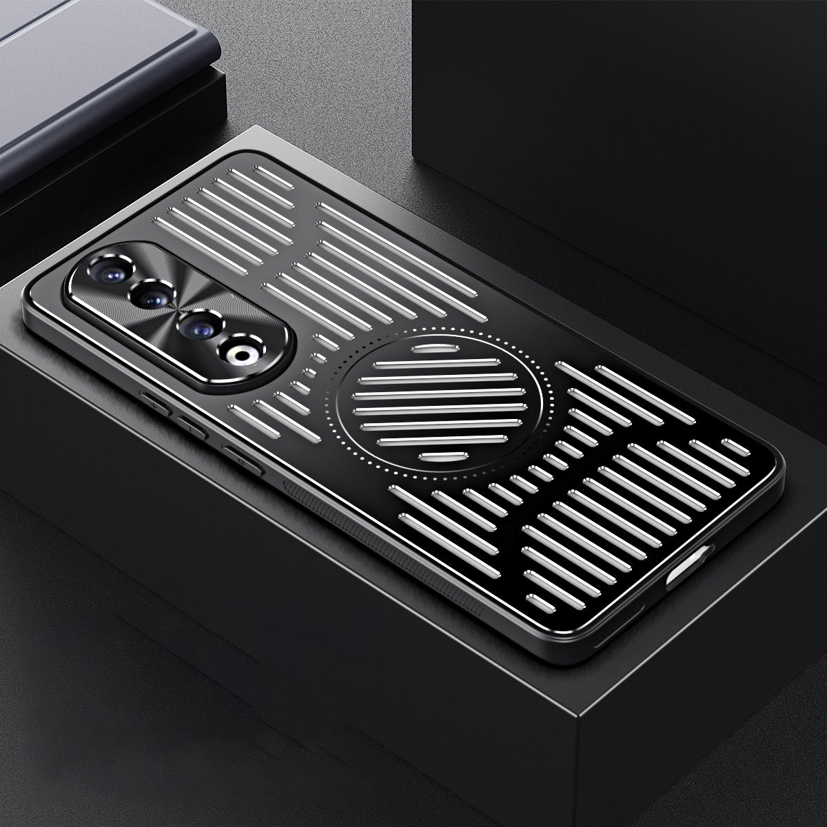 Uniqkart for Honor 90 Pro Hollow Heat Dissipation Phone Back Case Shell TPU+Aluminum Alloy Magnetic Cover - Black