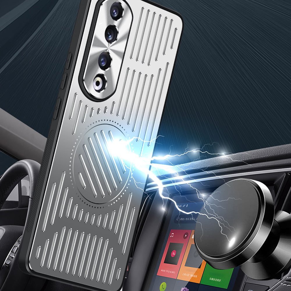 Uniqkart for Honor 90 Pro Hollow Heat Dissipation Phone Back Case Shell TPU+Aluminum Alloy Magnetic Cover - Blue