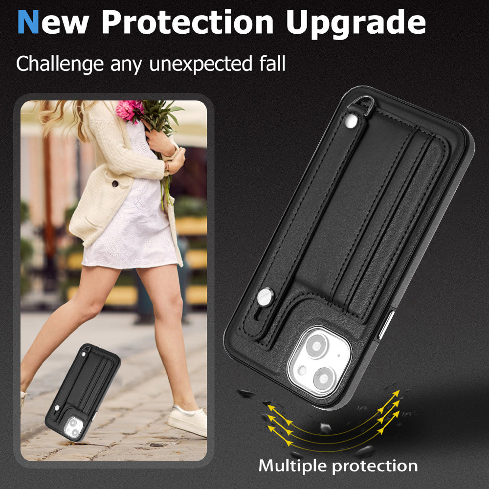 YB Leather Coating Series-5 For iPhone 15 PU Leather+TPU Shell Card Holder Phone Case Strap Kickstand Cover - Black