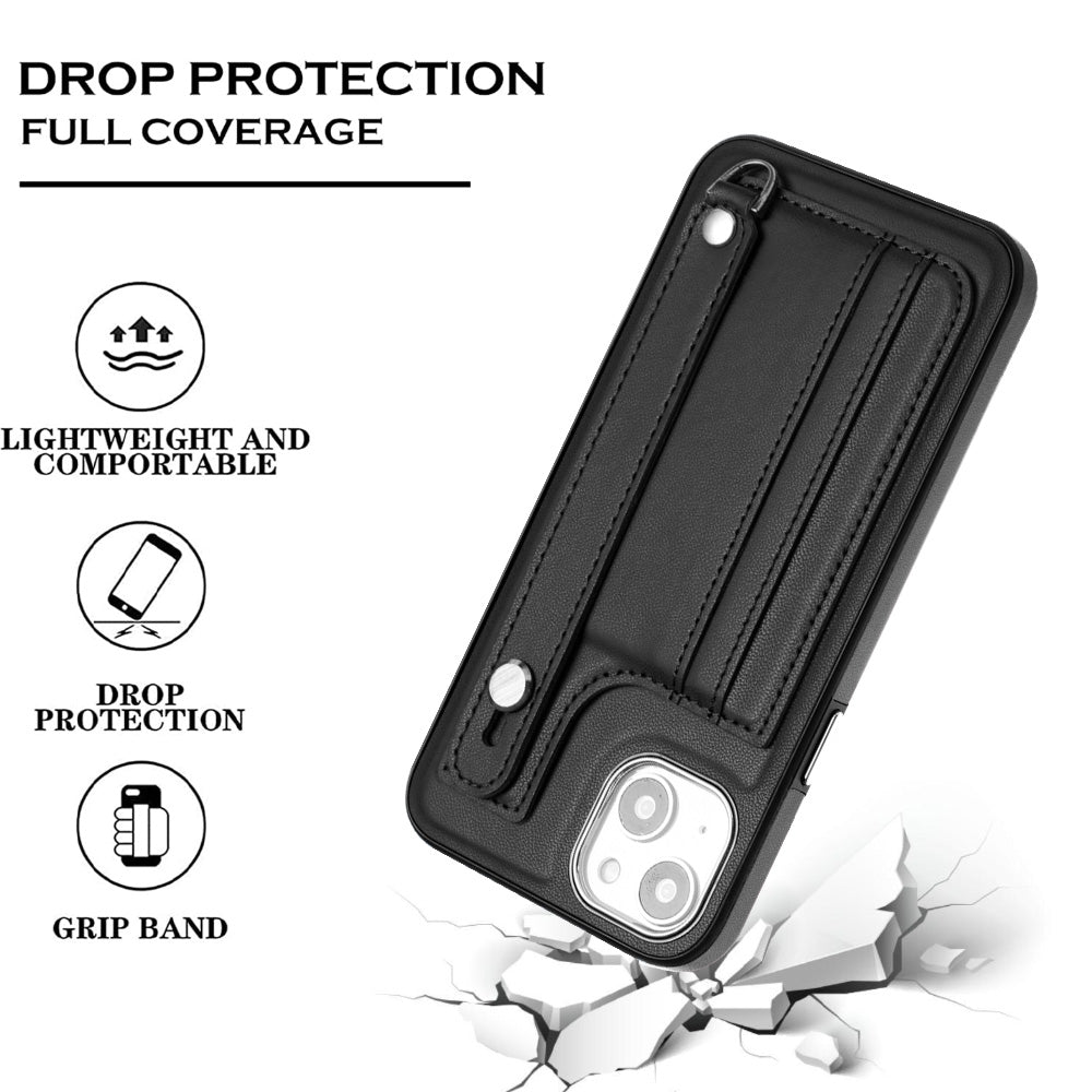 YB Leather Coating Series-5 For iPhone 15 PU Leather+TPU Shell Card Holder Phone Case Strap Kickstand Cover - Black