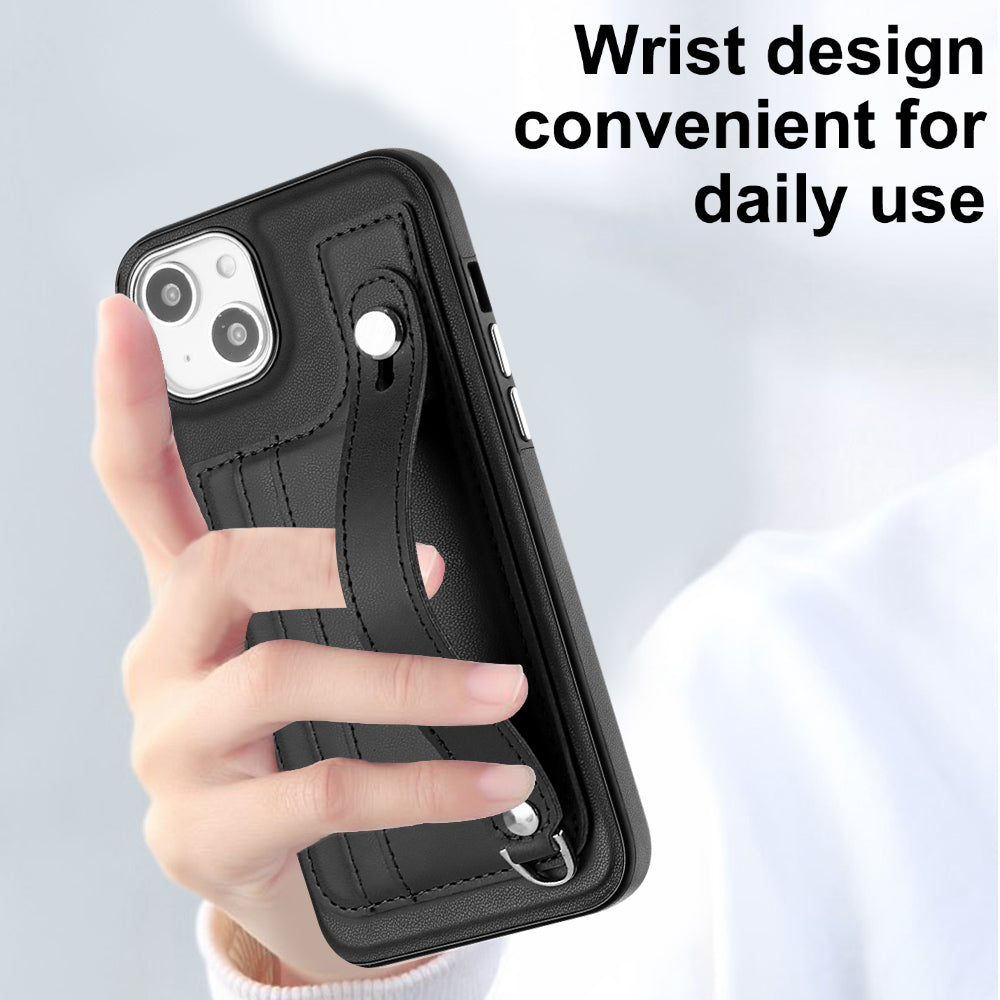 YB Leather Coating Series-5 For iPhone 15 PU Leather+TPU Shell Card Holder Phone Case Strap Kickstand Cover - Black