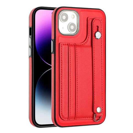 YB Leather Coating Series-5 For iPhone 15 PU Leather+TPU Shell Card Holder Phone Case Strap Kickstand Cover - Red