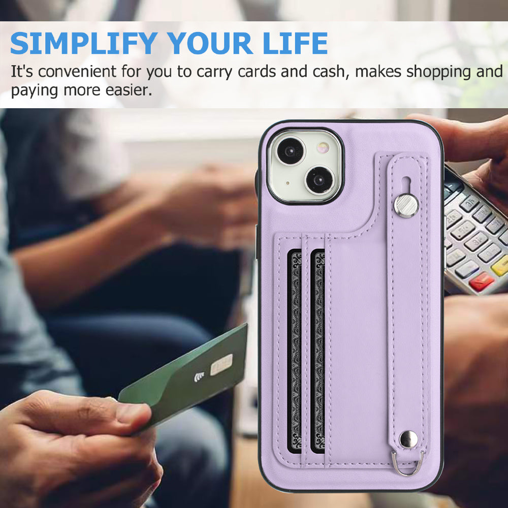 YB Leather Coating Series-5 For iPhone 15 PU Leather+TPU Shell Card Holder Phone Case Strap Kickstand Cover - Purple