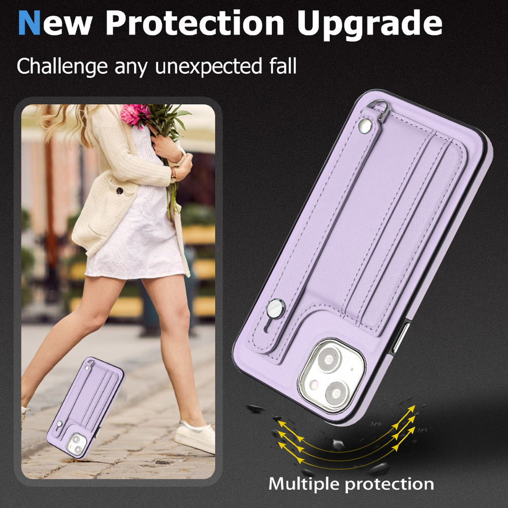 YB Leather Coating Series-5 For iPhone 15 PU Leather+TPU Shell Card Holder Phone Case Strap Kickstand Cover - Purple