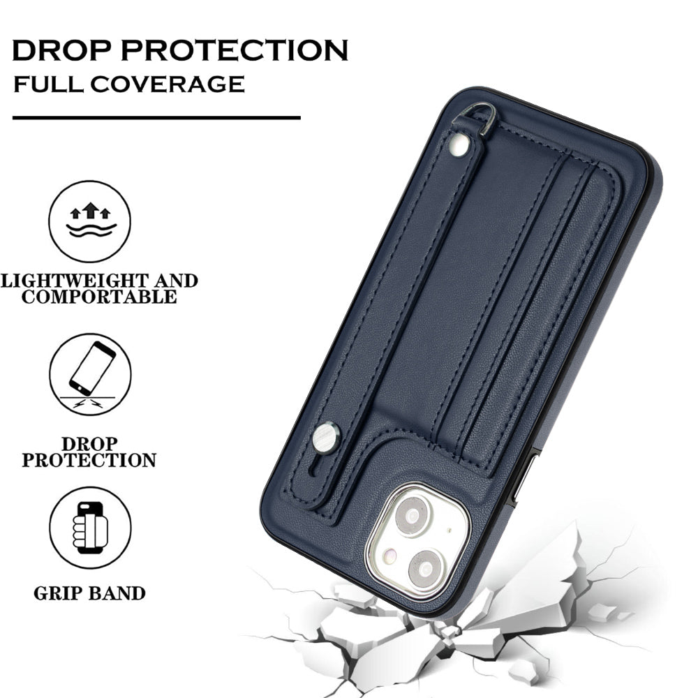 YB Leather Coating Series-5 For iPhone 15 PU Leather+TPU Shell Card Holder Phone Case Strap Kickstand Cover - Sapphire