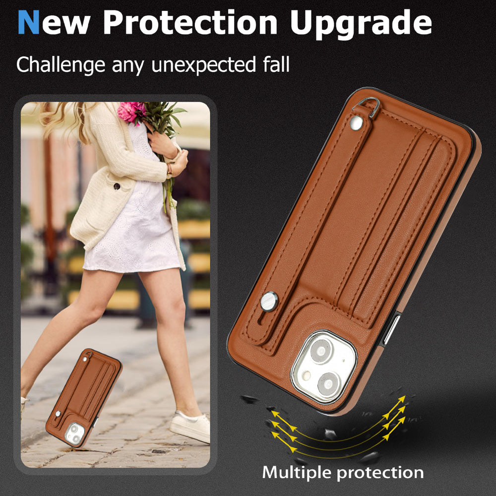 YB Leather Coating Series-5 For iPhone 15 PU Leather+TPU Shell Card Holder Phone Case Strap Kickstand Cover - Brown
