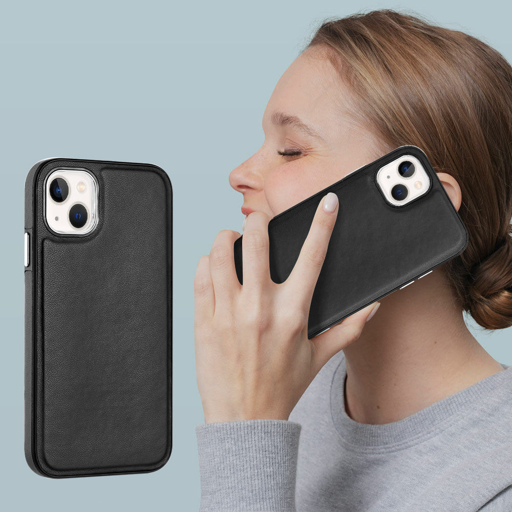 YB Leather Coating Series-6 For iPhone 15 Anti-scratch Back Cover Leather Coated TPU Mobile Phone Case - Black