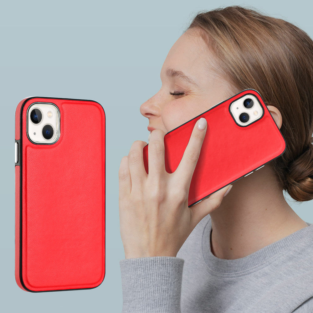 YB Leather Coating Series-6 For iPhone 15 Anti-scratch Back Cover Leather Coated TPU Mobile Phone Case - Red