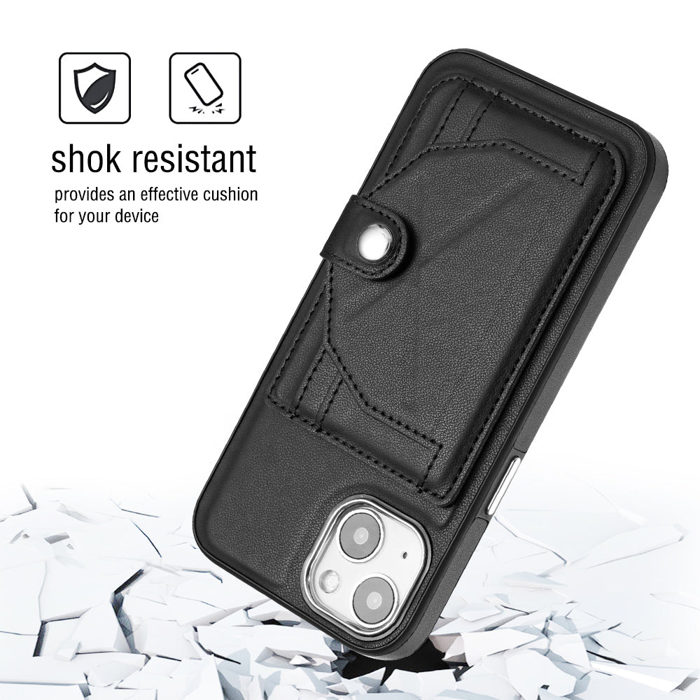 YB Leather Coating Series-4 Phone Case for iPhone 15 , Card Holder Leather Coated TPU Cover with Kickstand - Black