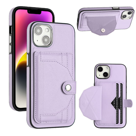YB Leather Coating Series-4 Phone Case for iPhone 15 , Card Holder Leather Coated TPU Cover with Kickstand - Purple