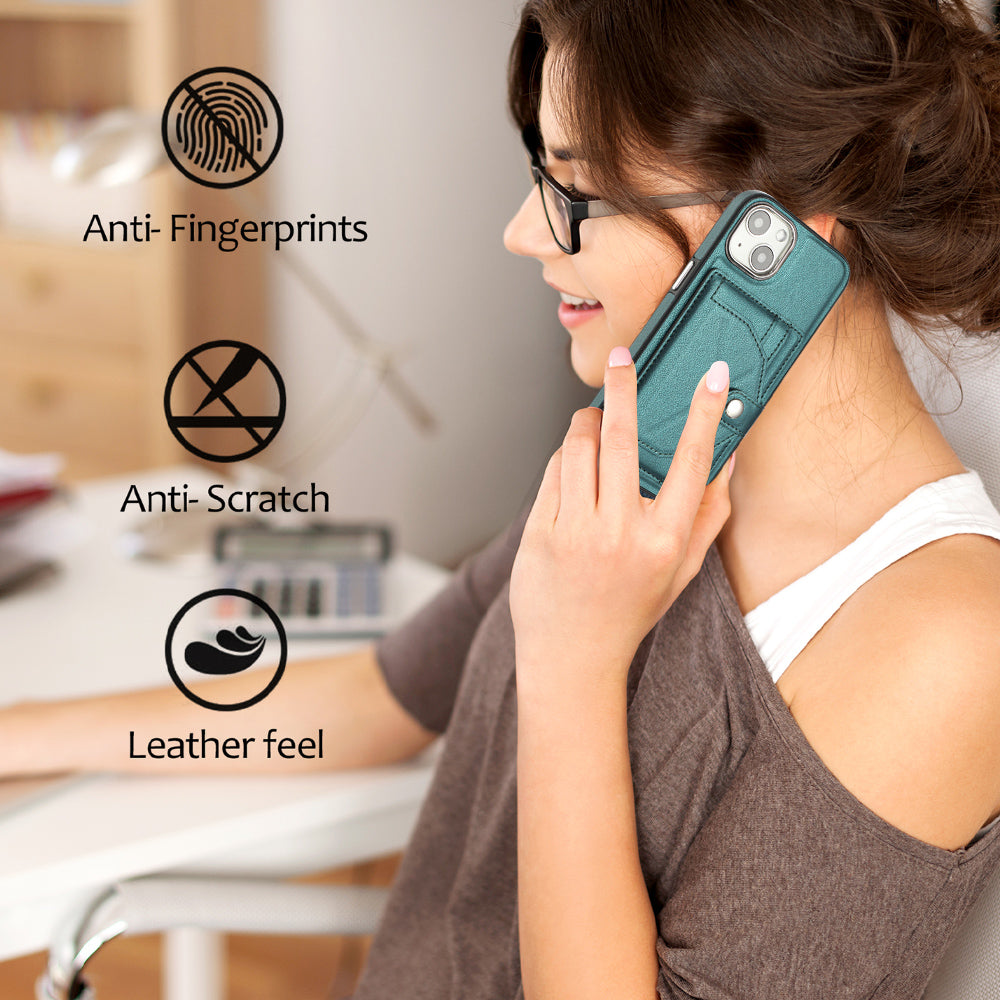 YB Leather Coating Series-4 Phone Case for iPhone 15 , Card Holder Leather Coated TPU Cover with Kickstand - Green
