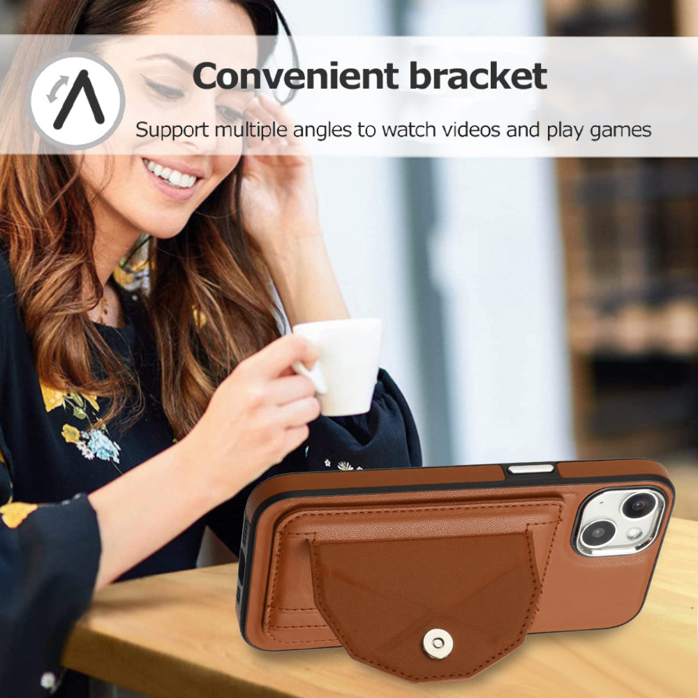 YB Leather Coating Series-4 Phone Case for iPhone 15 , Card Holder Leather Coated TPU Cover with Kickstand - Brown