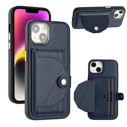 YB Leather Coating Series-4 Phone Case for iPhone 15 , Card Holder Leather Coated TPU Cover with Kickstand - Sapphire
