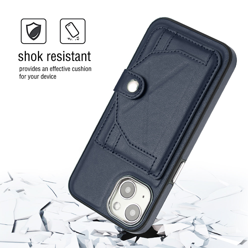 YB Leather Coating Series-4 Phone Case for iPhone 15 , Card Holder Leather Coated TPU Cover with Kickstand - Sapphire