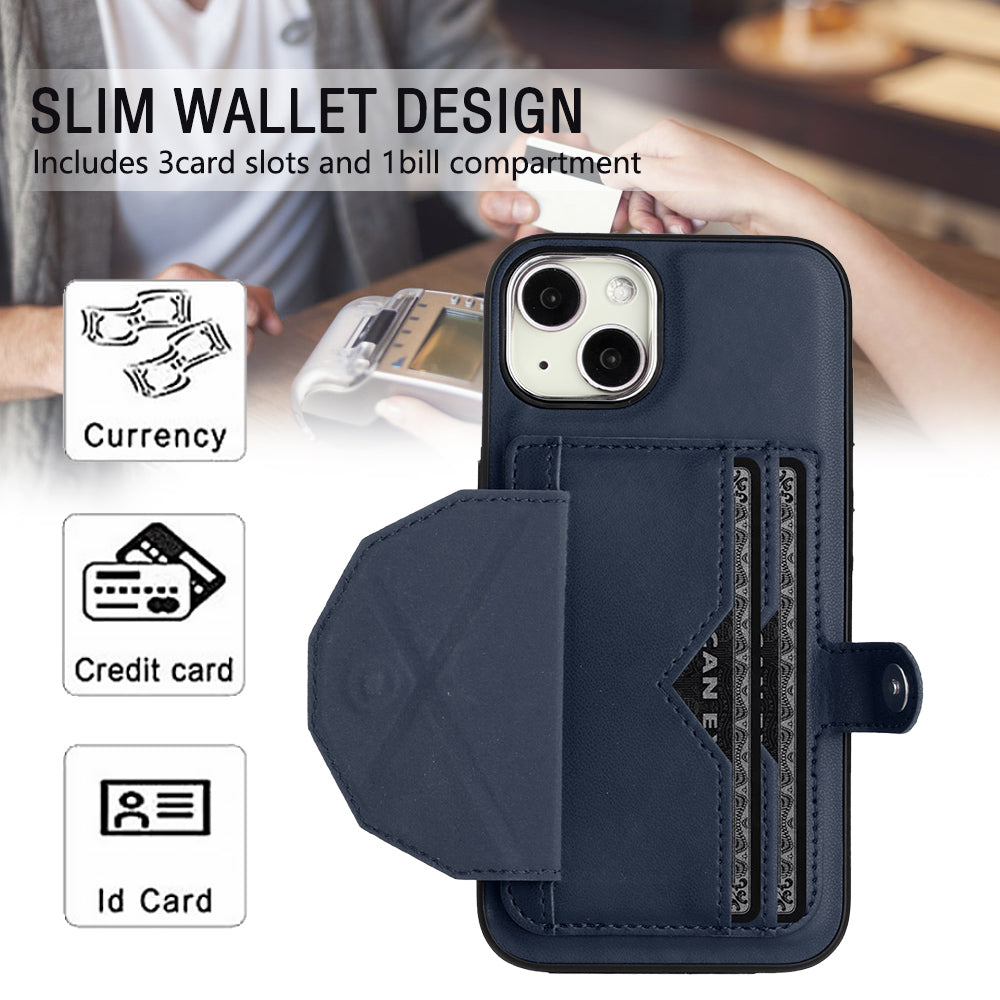 YB Leather Coating Series-4 Phone Case for iPhone 15 , Card Holder Leather Coated TPU Cover with Kickstand - Sapphire