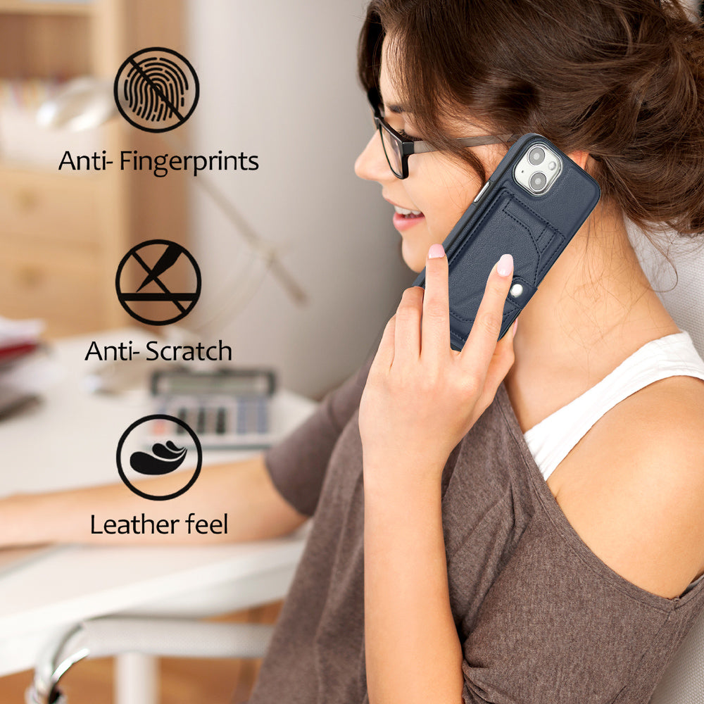 YB Leather Coating Series-4 Phone Case for iPhone 15 , Card Holder Leather Coated TPU Cover with Kickstand - Sapphire