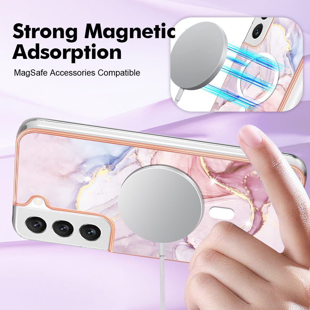 YB IMD Series-19 for Samsung Galaxy S22 5G Magnetic IMD Pattern Phone Case Electroplated 2.0mm TPU Cover - Rose Gold