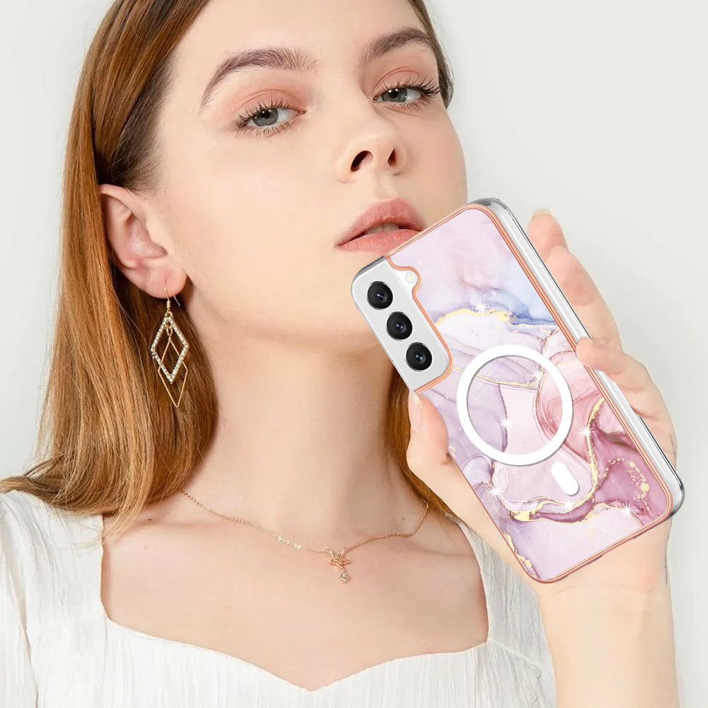 YB IMD Series-19 for Samsung Galaxy S22 5G Magnetic IMD Pattern Phone Case Electroplated 2.0mm TPU Cover - Rose Gold