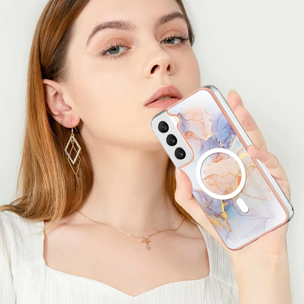 YB IMD Series-19 for Samsung Galaxy S22 5G Magnetic IMD Pattern Phone Case Electroplated 2.0mm TPU Cover - Marble White