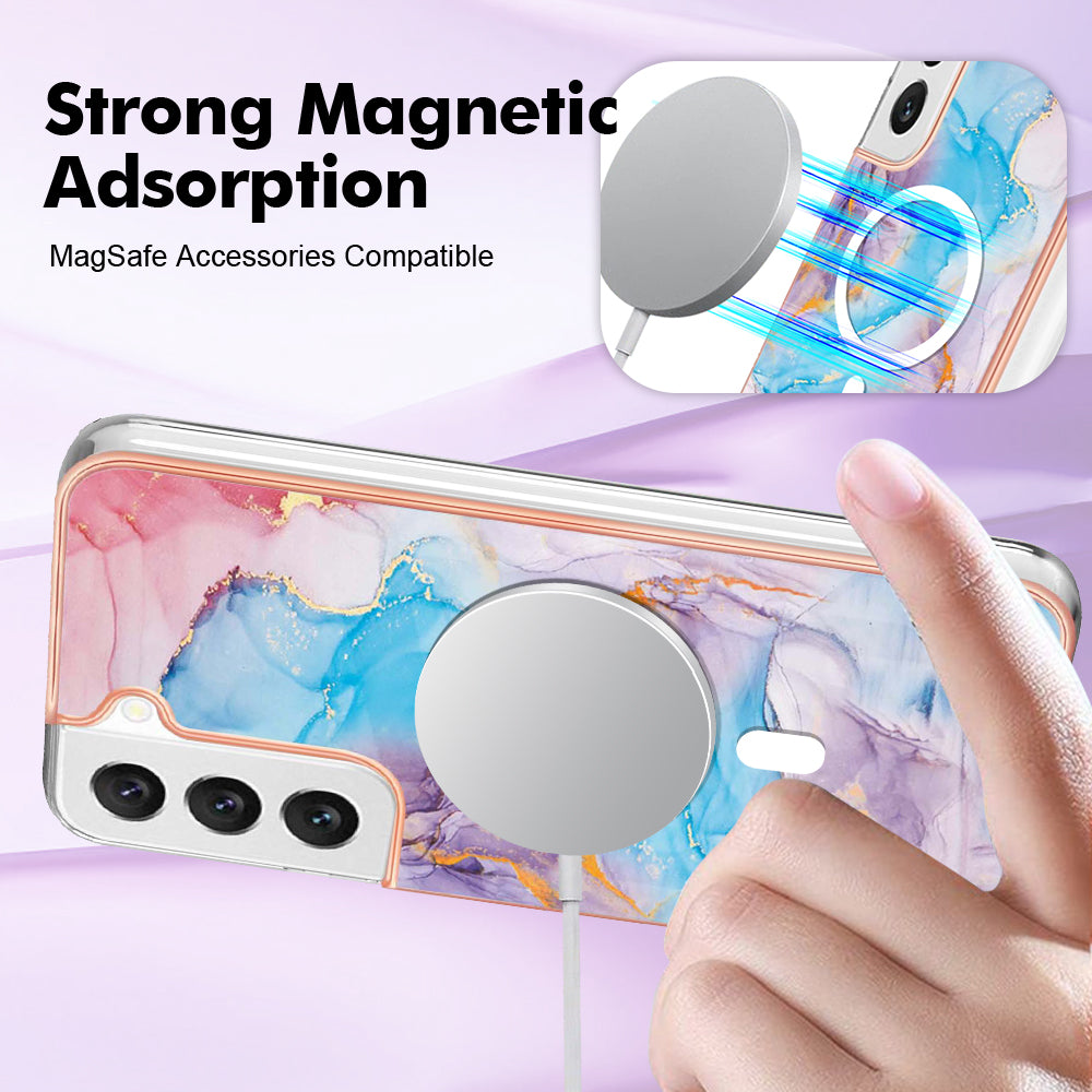 YB IMD Series-19 for Samsung Galaxy S22 5G Magnetic IMD Pattern Phone Case Electroplated 2.0mm TPU Cover - Marble Blue