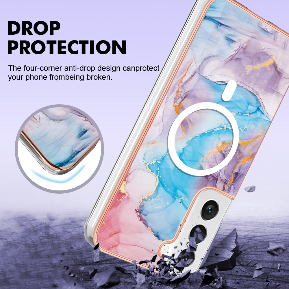 YB IMD Series-19 for Samsung Galaxy S22 5G Magnetic IMD Pattern Phone Case Electroplated 2.0mm TPU Cover - Marble Blue