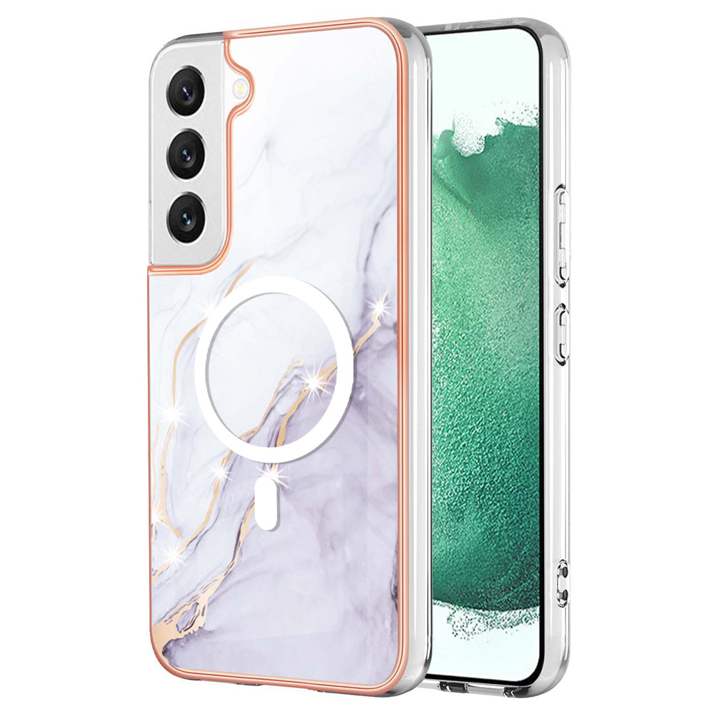 YB IMD Series-19 for Samsung Galaxy S22+ 5G IMD Pattern Phone Case Electroplated 2.0mm TPU Magnetic Cover - White
