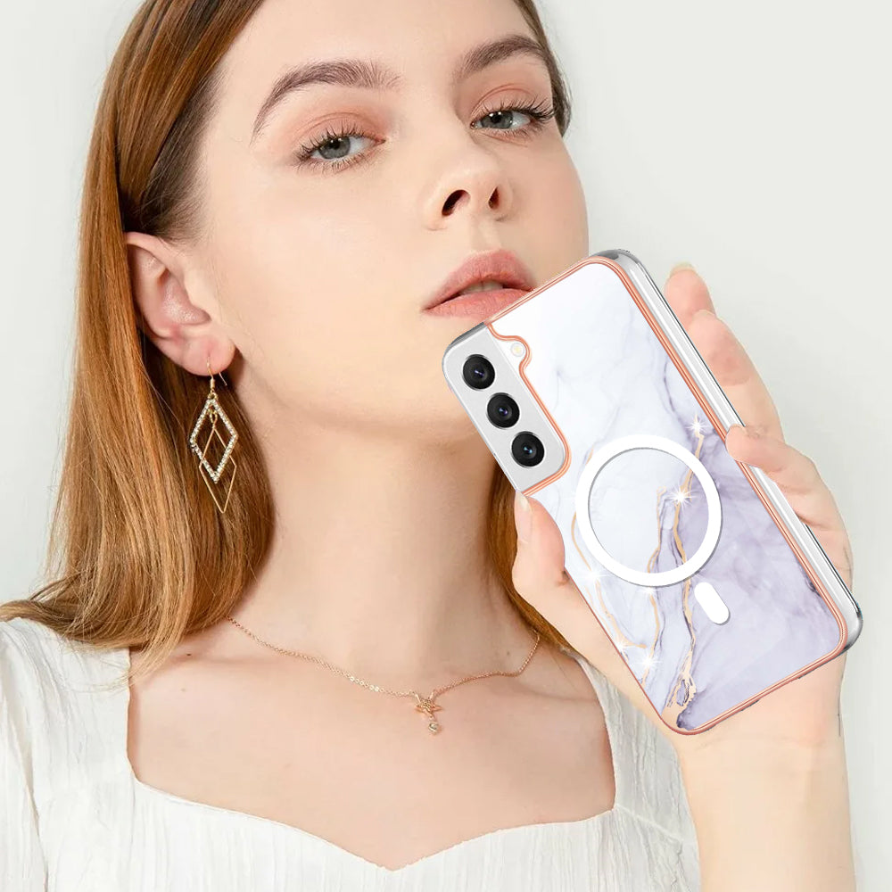 YB IMD Series-19 for Samsung Galaxy S22+ 5G IMD Pattern Phone Case Electroplated 2.0mm TPU Magnetic Cover - White