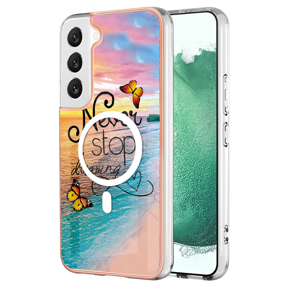 YB IMD Series-19 for Samsung Galaxy S22+ 5G IMD Pattern Phone Case Electroplated 2.0mm TPU Magnetic Cover - Never Stop Dreaming