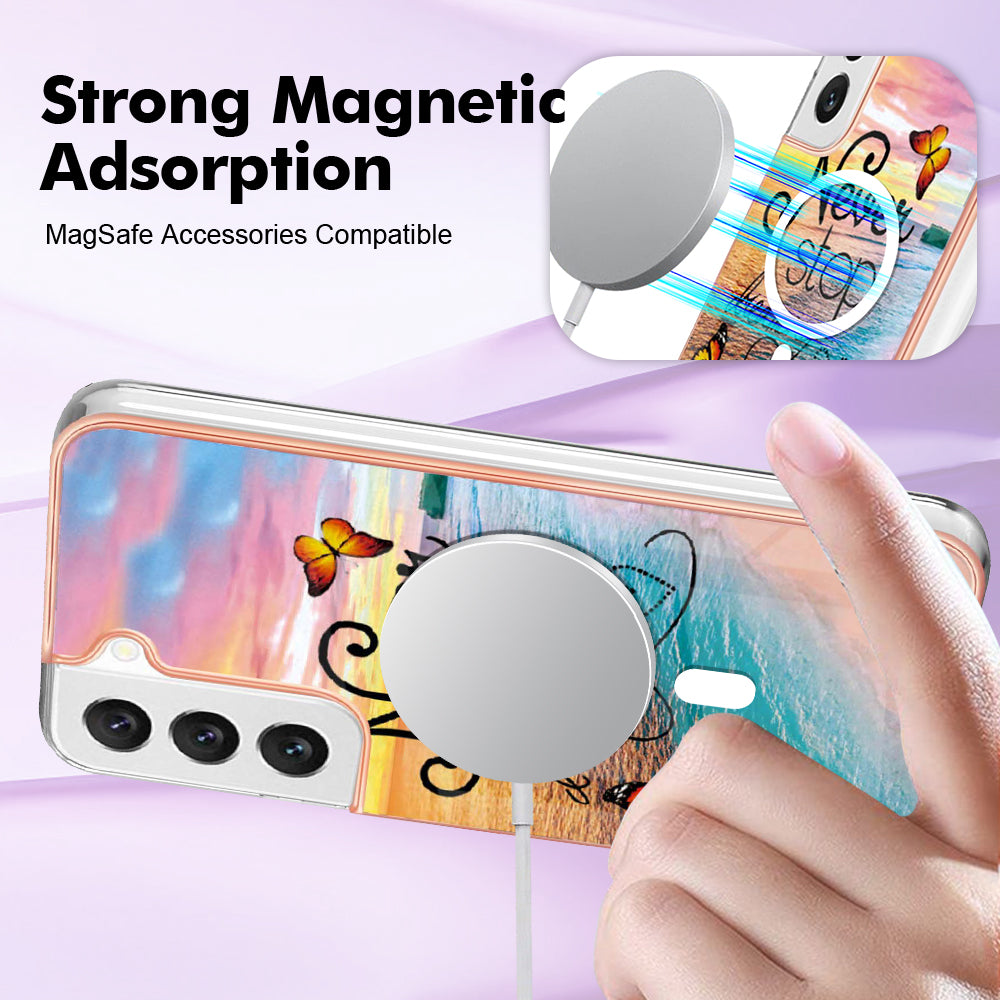 YB IMD Series-19 for Samsung Galaxy S22+ 5G IMD Pattern Phone Case Electroplated 2.0mm TPU Magnetic Cover - Never Stop Dreaming