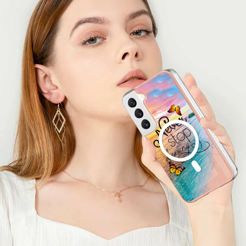 YB IMD Series-19 for Samsung Galaxy S22+ 5G IMD Pattern Phone Case Electroplated 2.0mm TPU Magnetic Cover - Never Stop Dreaming