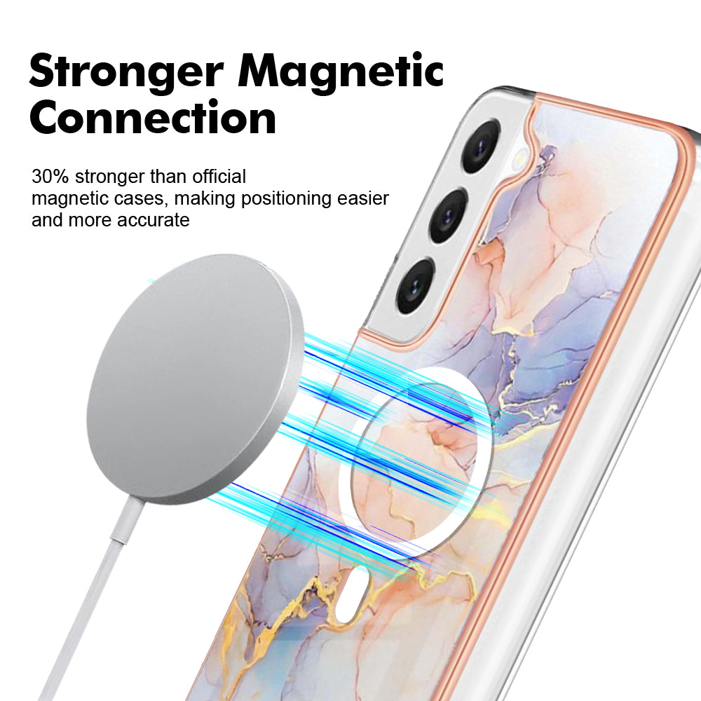 YB IMD Series-19 for Samsung Galaxy S22+ 5G IMD Pattern Phone Case Electroplated 2.0mm TPU Magnetic Cover - Marble White