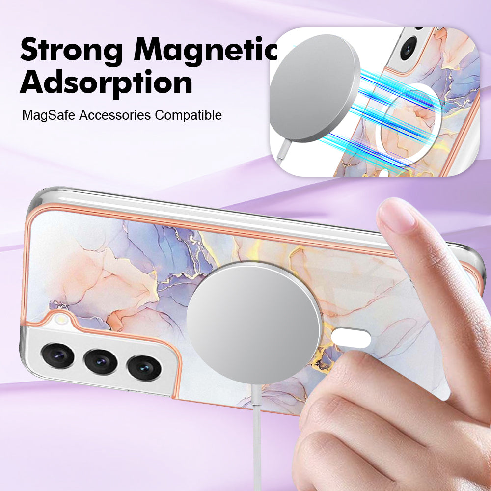 YB IMD Series-19 for Samsung Galaxy S22+ 5G IMD Pattern Phone Case Electroplated 2.0mm TPU Magnetic Cover - Marble White
