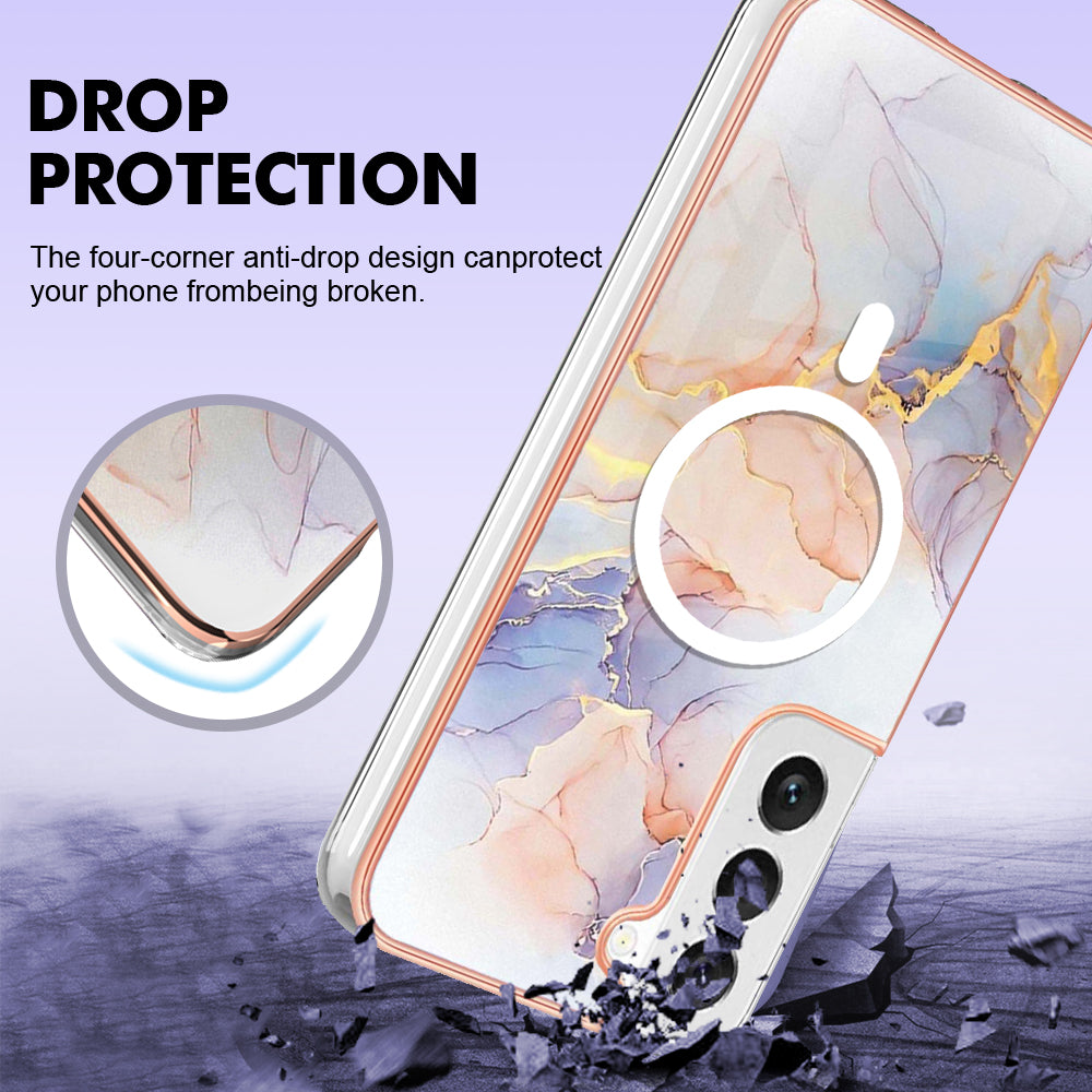 YB IMD Series-19 for Samsung Galaxy S22+ 5G IMD Pattern Phone Case Electroplated 2.0mm TPU Magnetic Cover - Marble White
