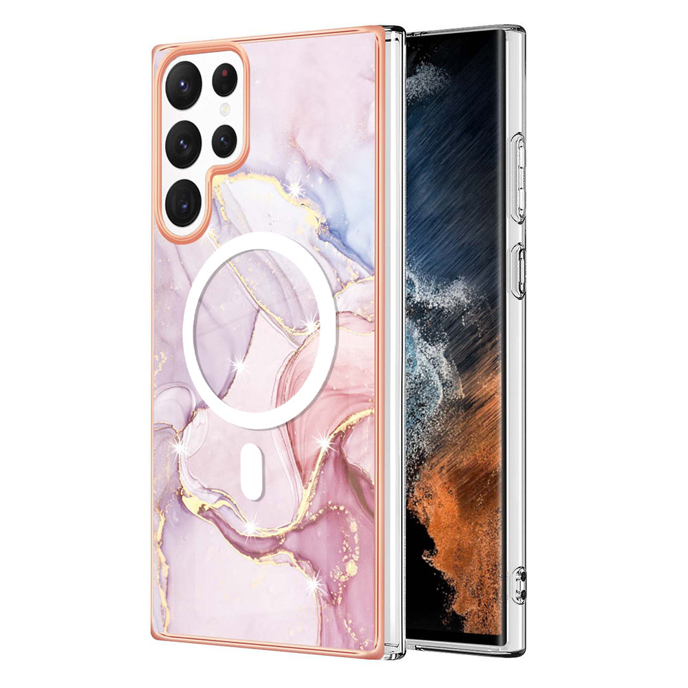 YB IMD Series-19 for Samsung Galaxy S22 Ultra 5G Magnetic Electroplated IMD Phone Case 2.0mm TPU Back Cover - Rose Gold