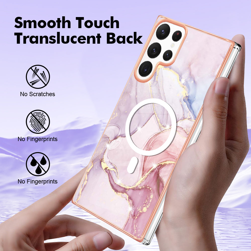 YB IMD Series-19 for Samsung Galaxy S22 Ultra 5G Magnetic Electroplated IMD Phone Case 2.0mm TPU Back Cover - Rose Gold