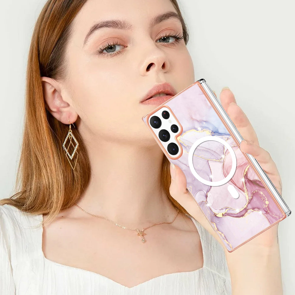 YB IMD Series-19 for Samsung Galaxy S22 Ultra 5G Magnetic Electroplated IMD Phone Case 2.0mm TPU Back Cover - Rose Gold