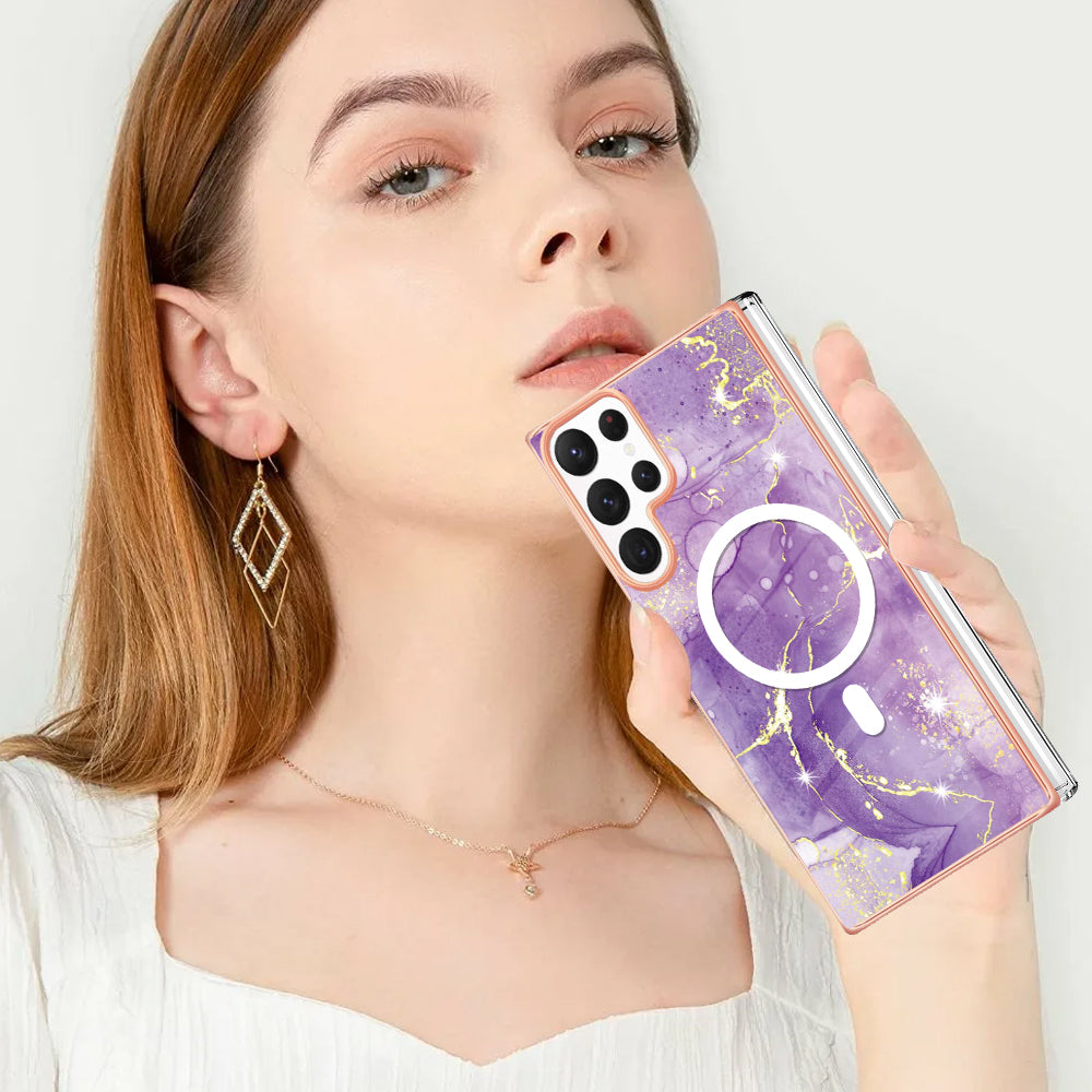 YB IMD Series-19 for Samsung Galaxy S22 Ultra 5G Magnetic Electroplated IMD Phone Case 2.0mm TPU Back Cover - Purple