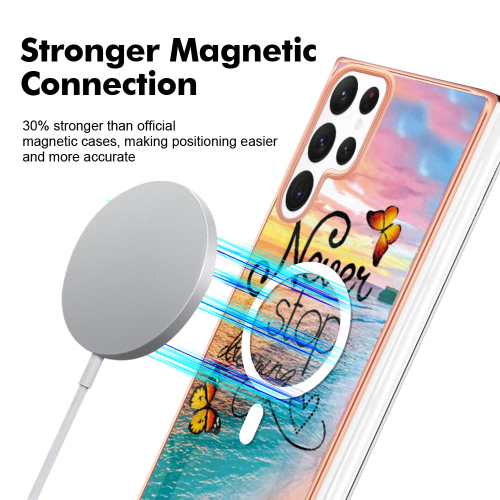 YB IMD Series-19 for Samsung Galaxy S22 Ultra 5G Magnetic Electroplated IMD Phone Case 2.0mm TPU Back Cover - Never Stop Dreaming