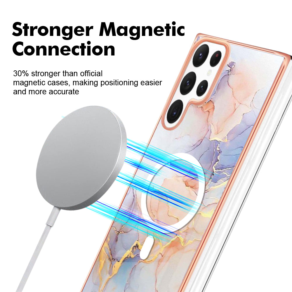 YB IMD Series-19 for Samsung Galaxy S22 Ultra 5G Magnetic Electroplated IMD Phone Case 2.0mm TPU Back Cover - Marble White