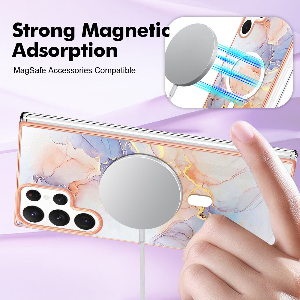 YB IMD Series-19 for Samsung Galaxy S22 Ultra 5G Magnetic Electroplated IMD Phone Case 2.0mm TPU Back Cover - Marble White