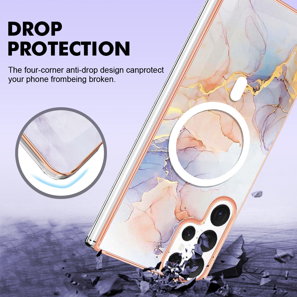 YB IMD Series-19 for Samsung Galaxy S22 Ultra 5G Magnetic Electroplated IMD Phone Case 2.0mm TPU Back Cover - Marble White