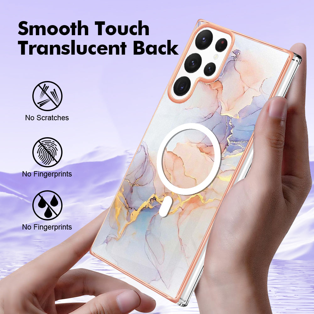 YB IMD Series-19 for Samsung Galaxy S22 Ultra 5G Magnetic Electroplated IMD Phone Case 2.0mm TPU Back Cover - Marble White