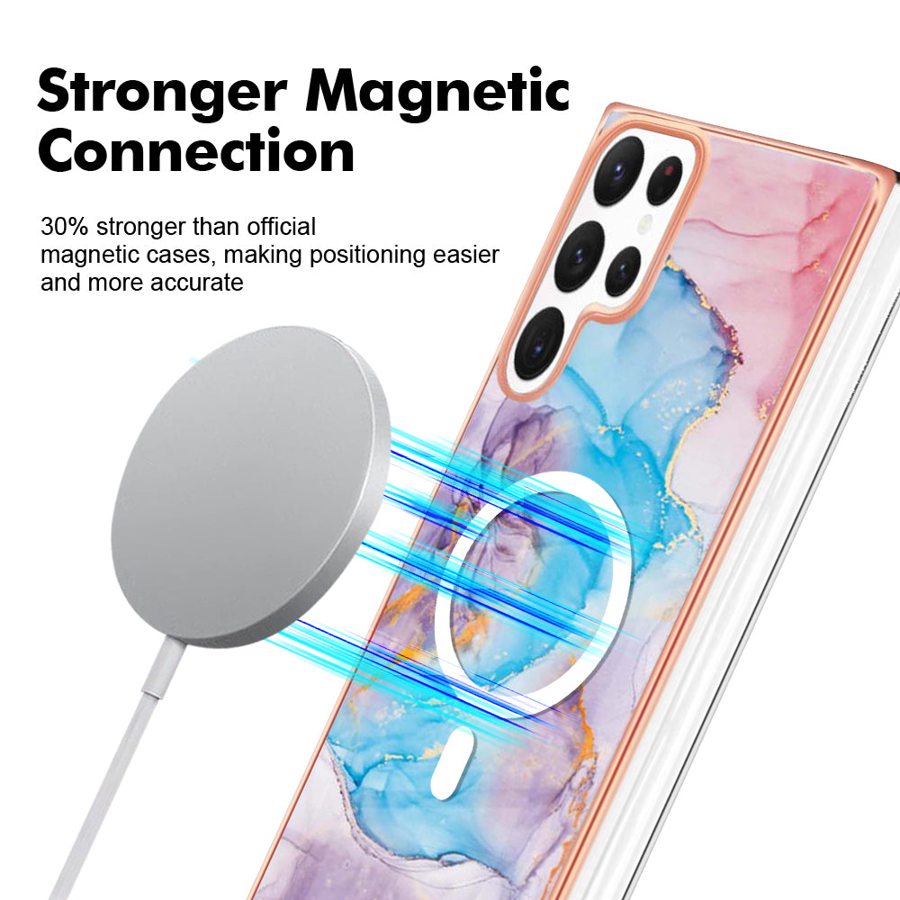YB IMD Series-19 for Samsung Galaxy S22 Ultra 5G Magnetic Electroplated IMD Phone Case 2.0mm TPU Back Cover - Marble Blue