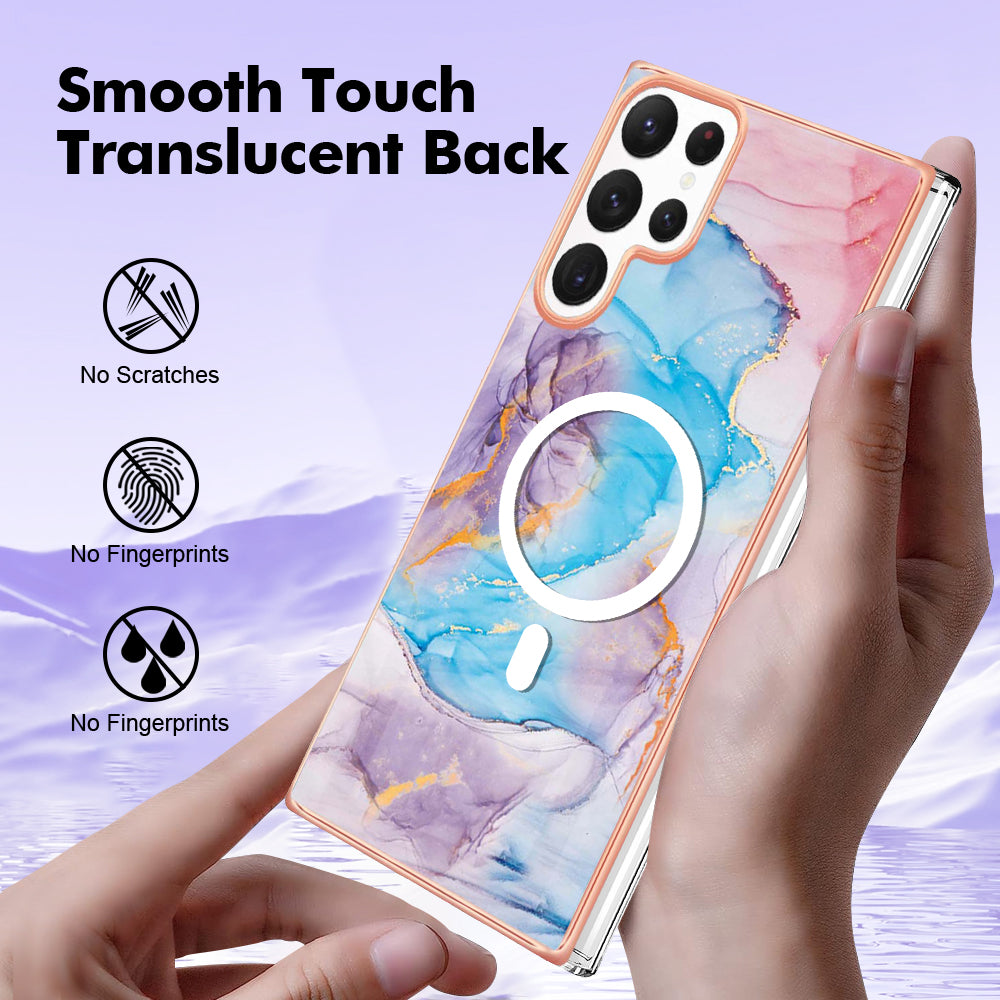 YB IMD Series-19 for Samsung Galaxy S22 Ultra 5G Magnetic Electroplated IMD Phone Case 2.0mm TPU Back Cover - Marble Blue
