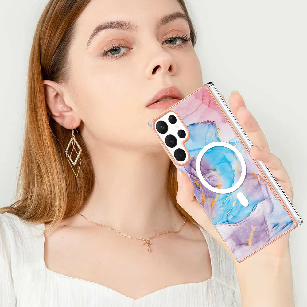 YB IMD Series-19 for Samsung Galaxy S22 Ultra 5G Magnetic Electroplated IMD Phone Case 2.0mm TPU Back Cover - Marble Blue