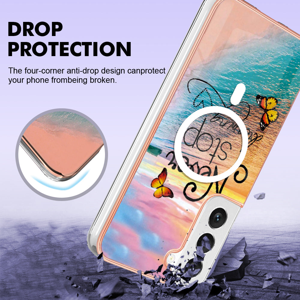 YB IMD Series-19 for Samsung Galaxy S23 Magnetic IMD Electroplated Phone Case 2.0mm TPU Anti-scratch Cover - Never Stop Dreaming