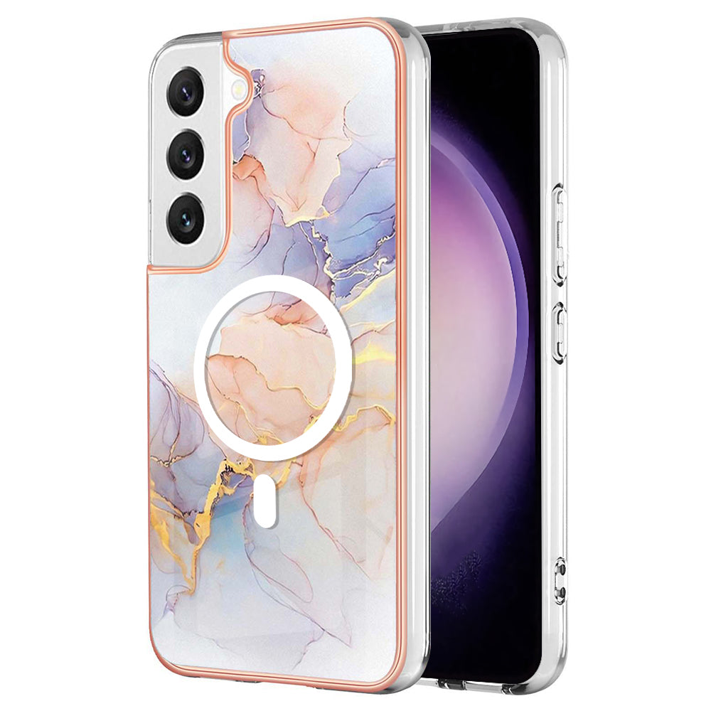 YB IMD Series-19 for Samsung Galaxy S23 Magnetic IMD Electroplated Phone Case 2.0mm TPU Anti-scratch Cover - Marble White