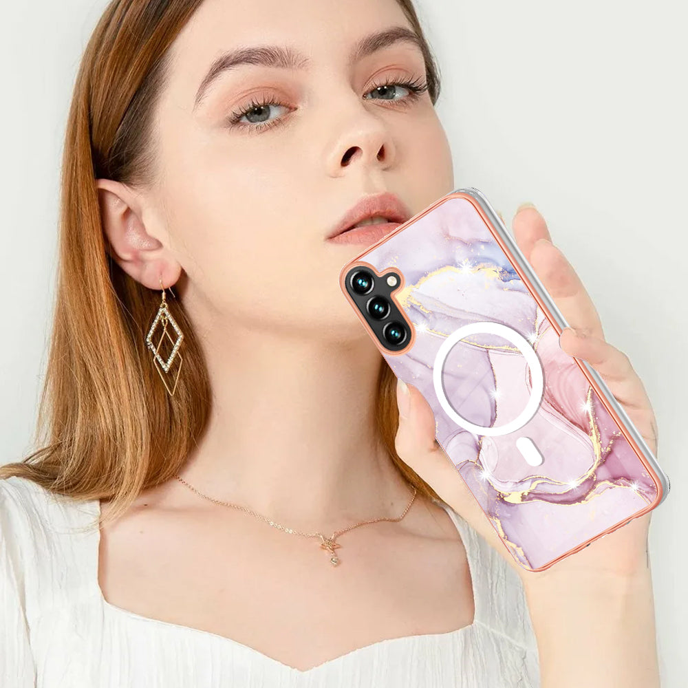 YB IMD Series-19 for Samsung Galaxy A34 5G 2.0mm TPU Electroplating Cover Magnetic IMD Pattern Phone Case - Rose Gold